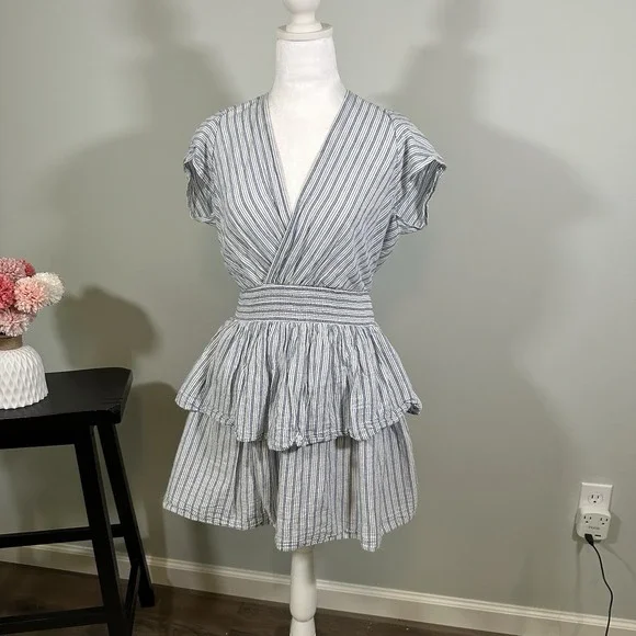 American Eagle Two Ruffle Dress Blue Stripe Size Small Deep V - Picture 3 of 7
